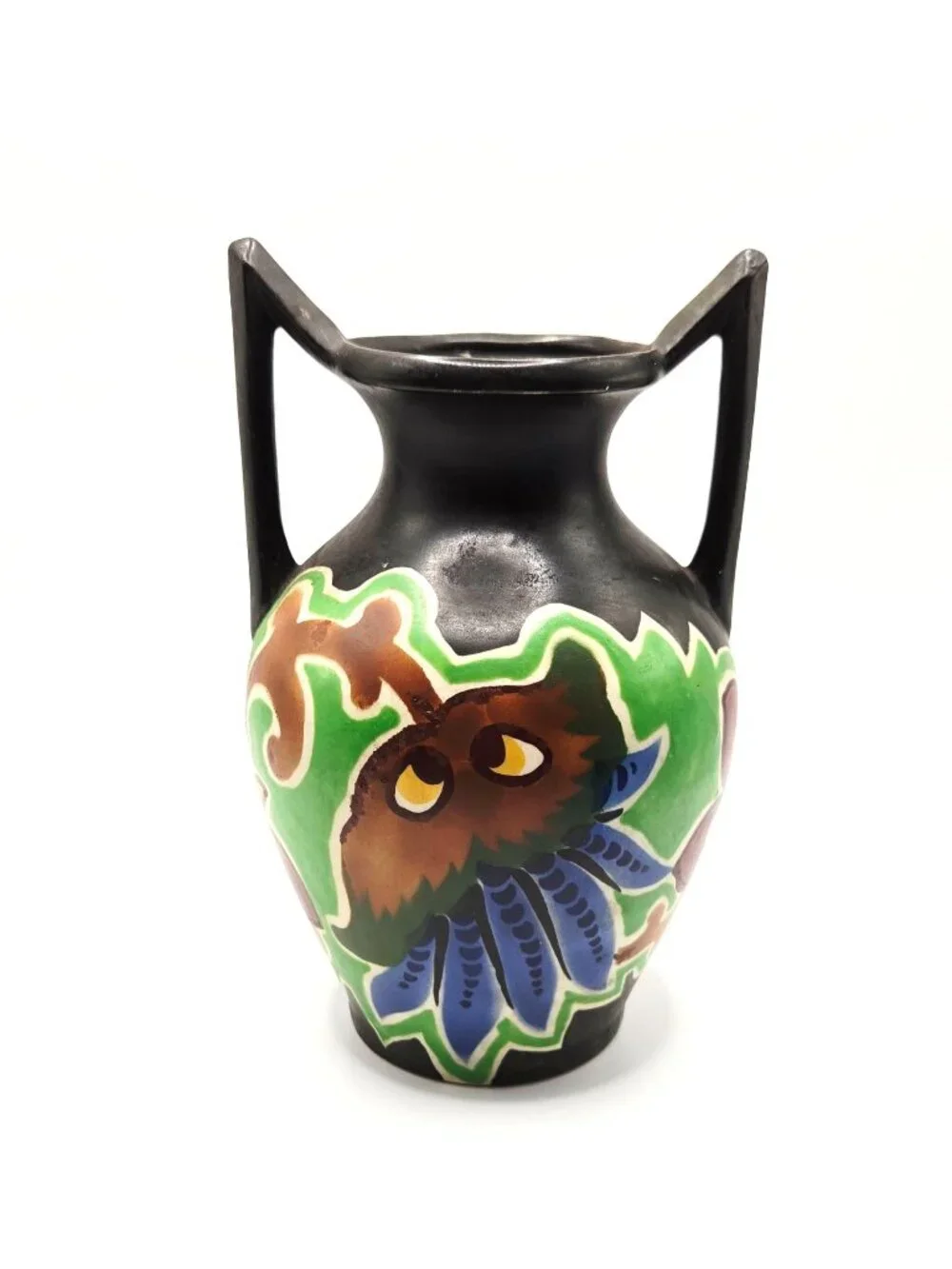 Hand-Painted Vintage Czech Black Vase, Double Handles & Green Florals